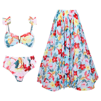 Split Conservative Swimsuit Printing V Iron Mesh Wrap Skirt Set Swimsuit