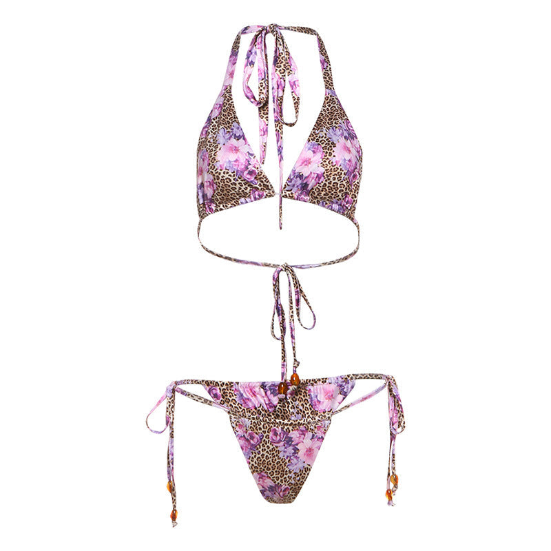 Summer Sexy Sexy Leopard Print Floral Print Halter Banded Bikini Two Piece Sets Women