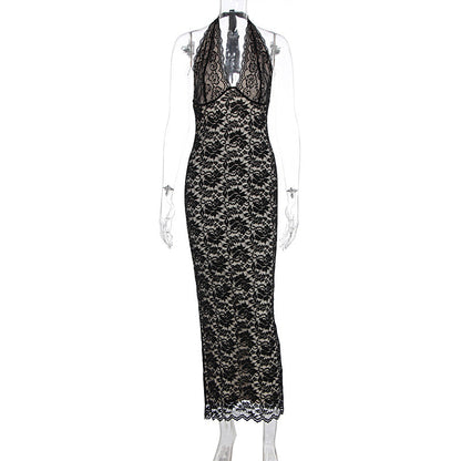 Summer Women Clothing Sexy Halter Lace Split Slim Slimming Dress