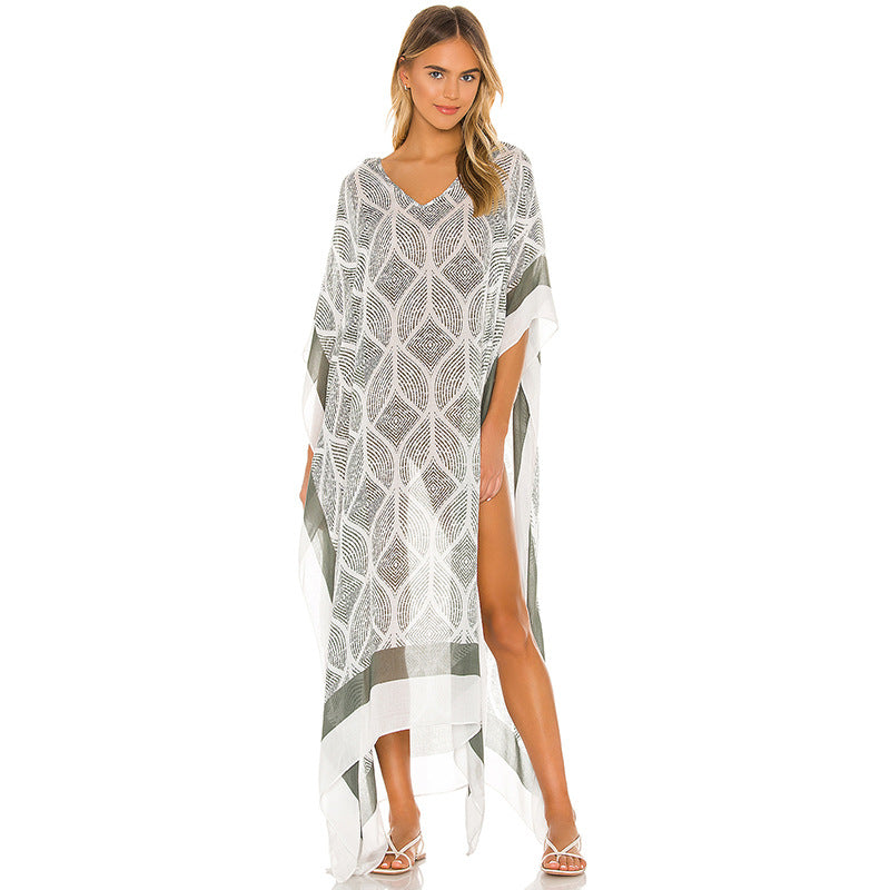 Sun Protective Clothing Women Square Geometry Printed V Neck Pullover Beach Cover Up Swimsuit Outwear Women