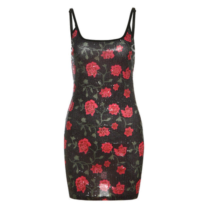 Autumn Winter Sexy Backless Slim Fit Printed Sequin Slip Dress Sexy Hip