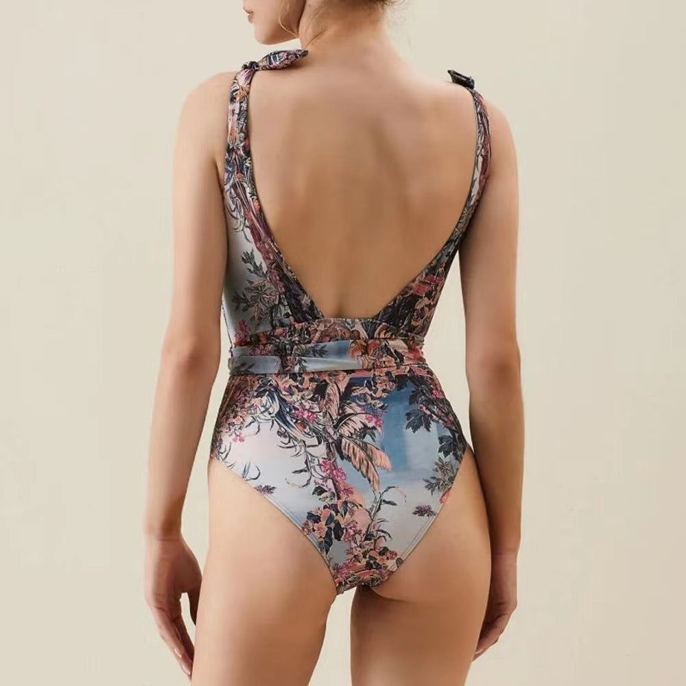 Spring One Piece Swimsuit Sexy Print Mesh High Waist Trousers Bikini