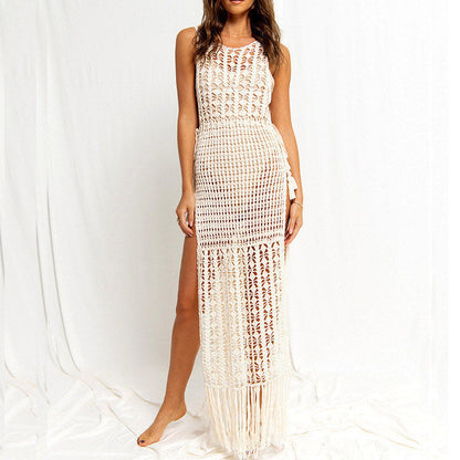 Knitted Hollow Out Beach Cover up Sexy Slit Tassel Vacation Dress Bikini Cover