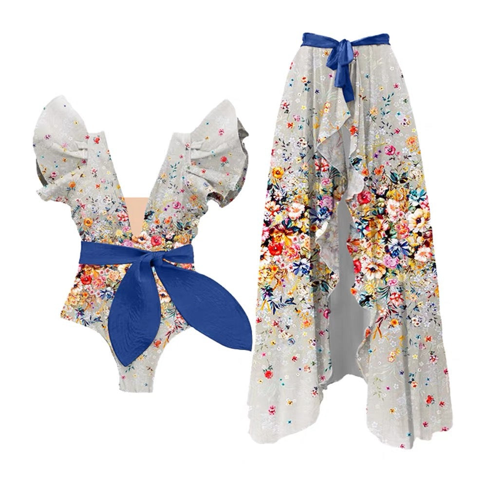 Bow Printing One Piece Women Swimwear French Retro Cover Belly Slimming Swimsuit