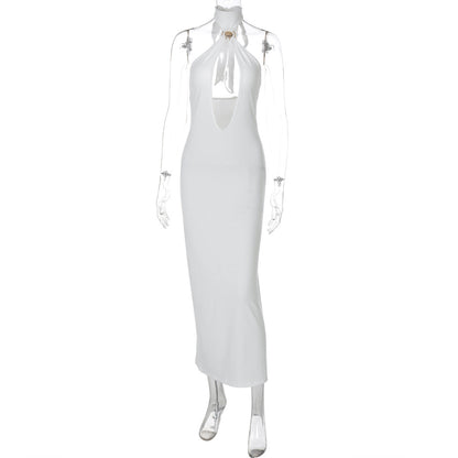 Women Clothing Winter Solid Color Tied Halter Sexy Cutout Slim Fit Dress