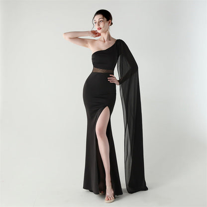 Single Shoulder Crossbody Stitching Mesh Design Satin Slim Cocktail Dress Evening Dress
