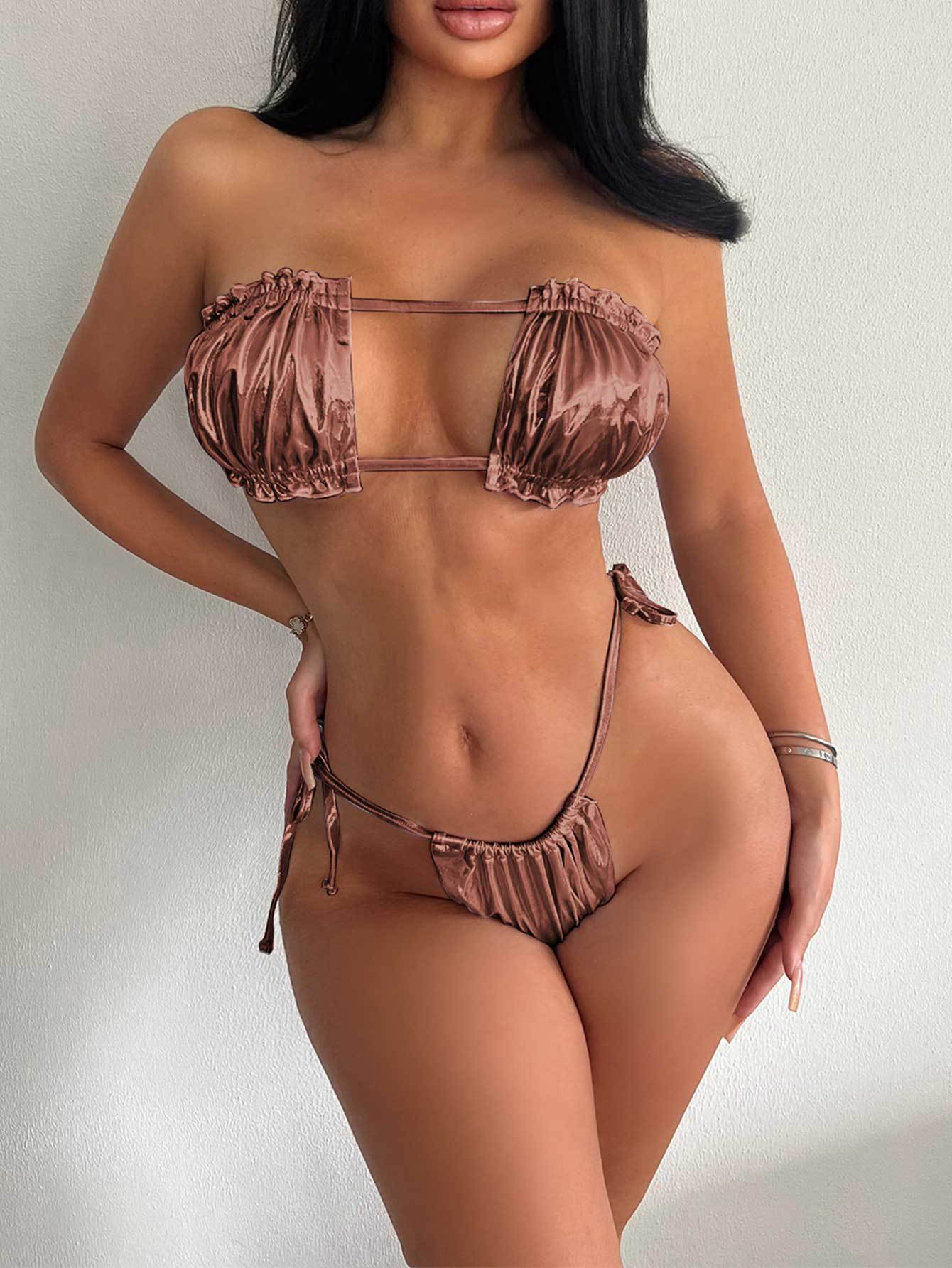 Bikini Bronzing Lace Pleated Tube Top Split Swimsuit Women Backless Lace up Bikini