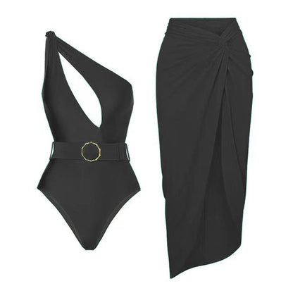 Solid Color Retro Hollow Out Cutout Siamese Women Swimsuit Set Cover Belly Slimming Swimsuit Lot