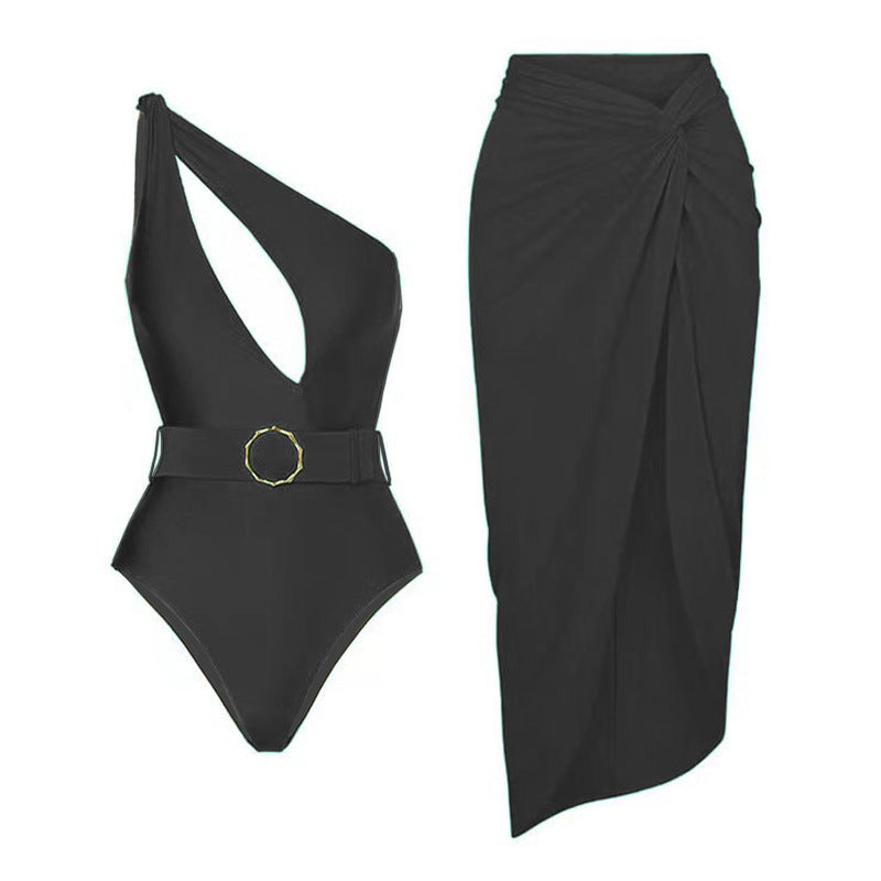 Solid Color Retro Hollow Out Cutout Siamese Women Swimsuit Set Cover Belly Slimming Swimsuit Lot