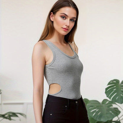 Autumn Winter Women Sexy Slim Fit U Collar Waist Hollow Out Cutout-out Rayon Rib Jumpsuit Women