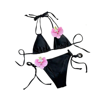 Bikini Bikini Lady Sexy Lace up Three Point Floral Split Swimsuit