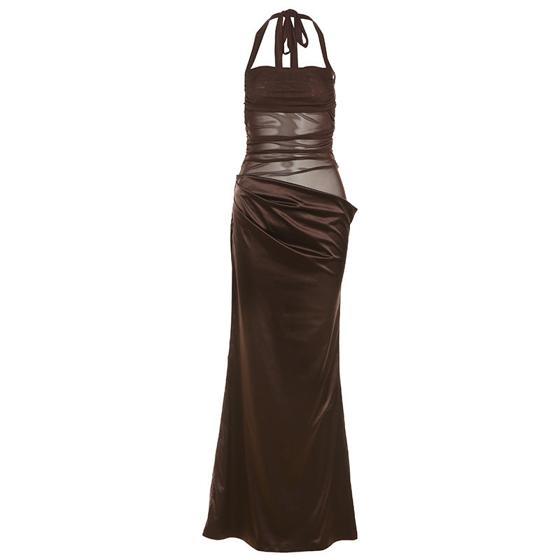 Autumn Winter Sexy Slim Fit Backless Lace up Halter Dress Solid Color Dress