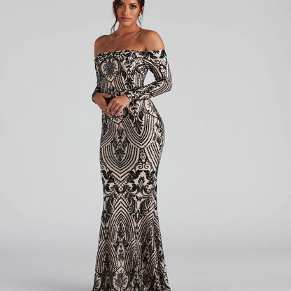 Women Elegant Sequ Sexy off Neck Dress Cocktail Evening Maxi Dress