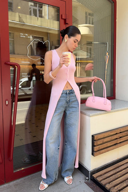 Sleeveless Design Split Long Upper Outer Garment Women Cardigan Breasted Coat Women Thin V neck