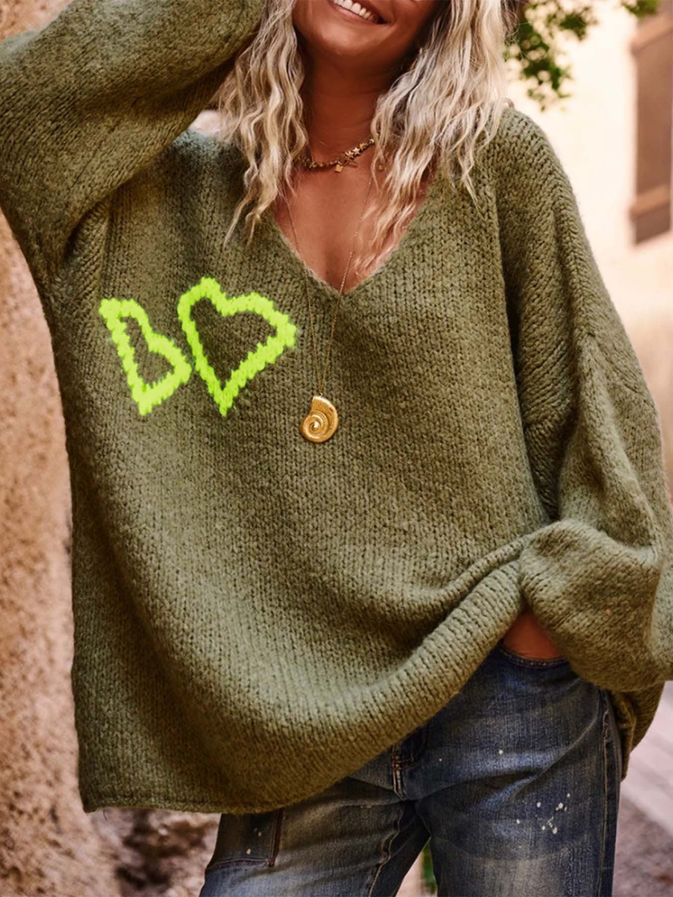 Autumn Winter Love Pattern V neck Sweater Women Casual Loose Long Sleeve Pullover Sweater