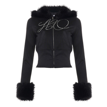 Autumn Winter Casual Furry Long Sleeved Zipper Sweater Coat Letter Graphic Rhinestone Sweatpants Two Piece Sets