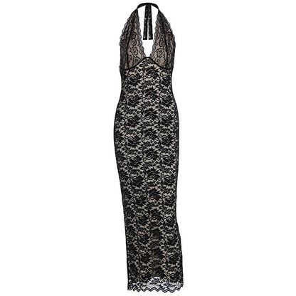 Summer Women Clothing Sexy Halter Lace Split Slim Slimming Dress