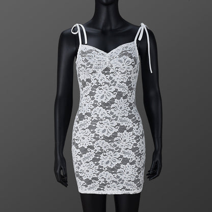 Sexy Women Clothing See through Slim Fit Lace up Sling Floral Lace Sheath Dress