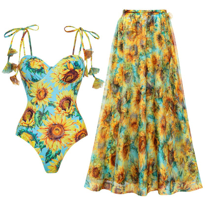 Women Swimsuit Sunflower Printed One Piece Swimsuit Set