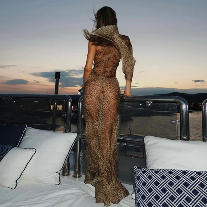 Summer Leopard Print Dress Sexy See through Shoulder Single Sleeve Slim Fit Sexy Dress