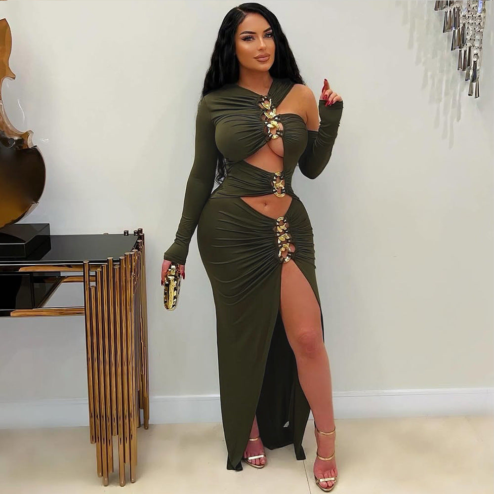 Black Tight Dress Sexy Hollow Out Cutout Split Dress Long