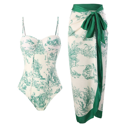 One Piece Swimsuit Women Skinny Slimming Retro Lace up Sun Protection Dress Two Piece Hard Bag Swimsuit