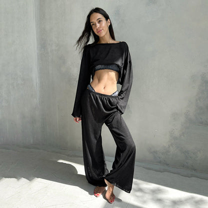 Autumn White Knitted Fabric round Neck Long Sleeved Trousers Pajamas Two Piece Loose Comfortable Ladies Homewear