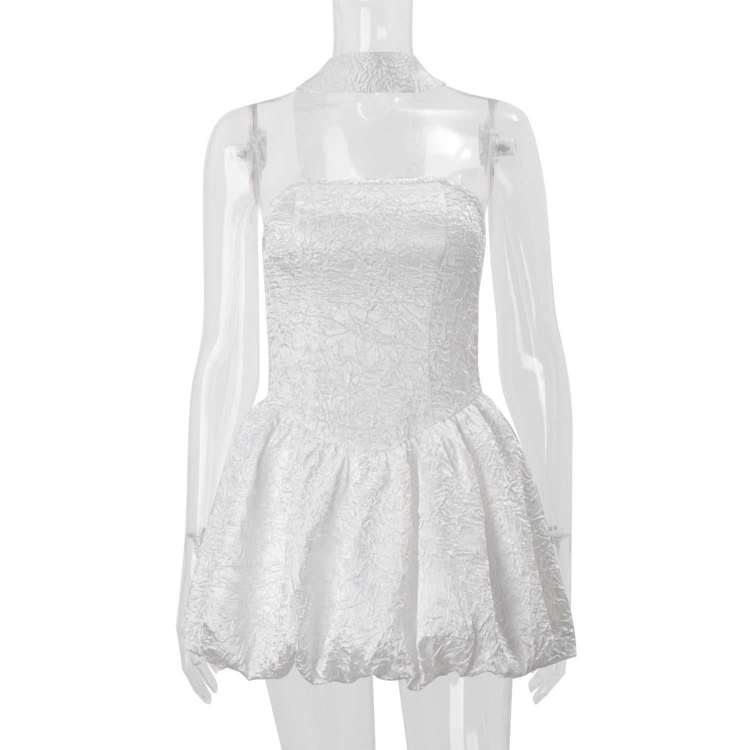 Women Clothing Autumn French Sexy Tube Top Dress Ribbon Fitted Waist Bubble Short Dress