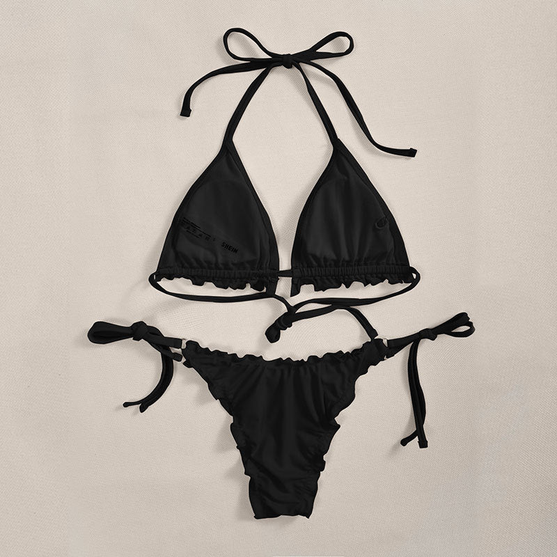 Lace up Halterneck Women Split Triangle Bikini Sexy High Waist Swimsuit