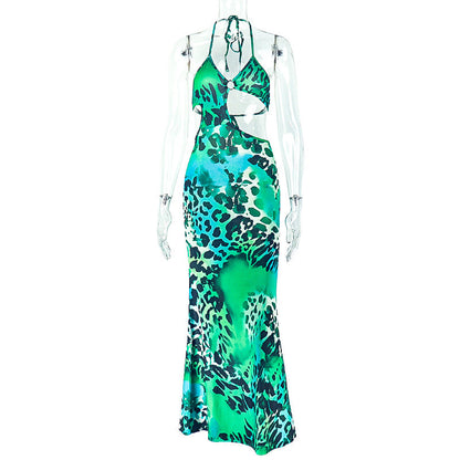 Women Printed Wear Hollow Out Cutout Slim Hip Lace up Backless Casual Elegant Maxi Dress