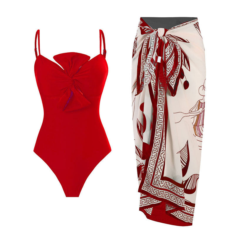 Bow Solid Color One Piece Women Swimwear Suit French Retro Cover Belly Slimming Swimsuit