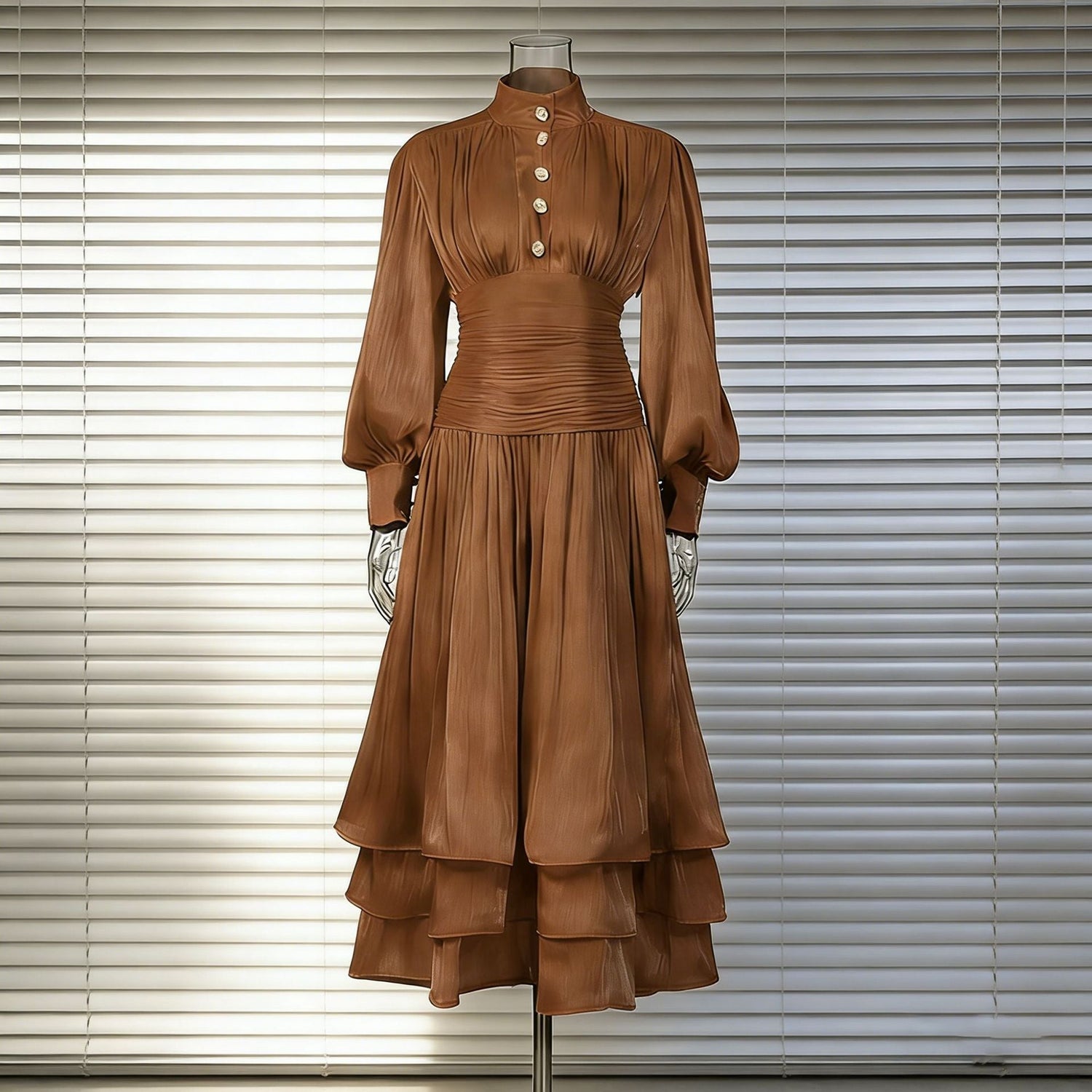 Spring Elegant Retro Lantern Sleeve Breasted Ruffled Maxi Dress Waist Slimming Dress