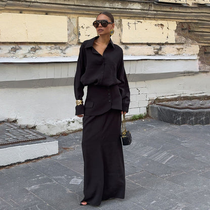 Women Clothing Fall Collared Long Sleeve Shirt Solid Color Waist Seal Skirt Three Piece Set