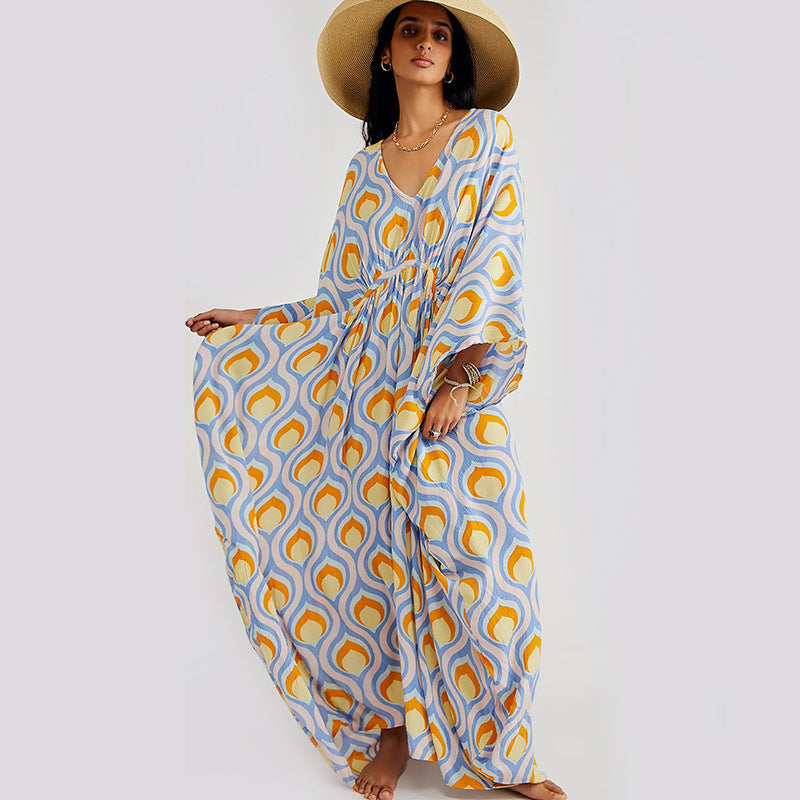 Summer Beach Dress Women Casual Vacation Printed Pullover Bikini Swimsuit Blouse Sun Protection Clothing
