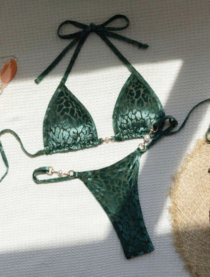 Sexy T Shaped Pearl Leopard Special Fabric Swimwear Swimsuit Bikini