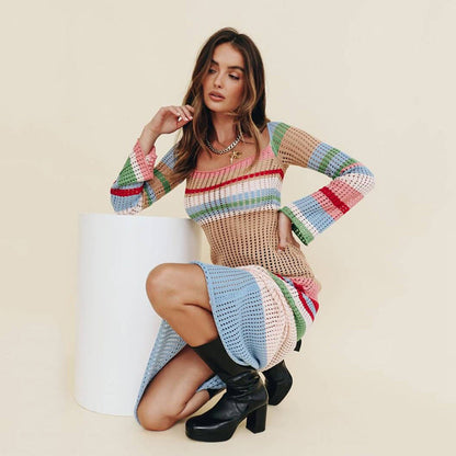 Autumn Mid-Length Dress Women Colorful Contrast Color U Collar Sexy Hollow Out Cutout Long-Sleeved Knitted Dress Women Crochet Crochet hook