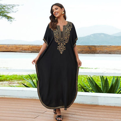Rayon Embroidery Beach Cover up Embroidered Robe- Loose Vacation Sunscreen Beach Cover Up