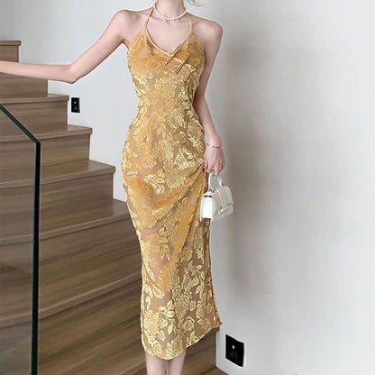 Women Clothing Spring Floral Halter Backless Office Midi Dress