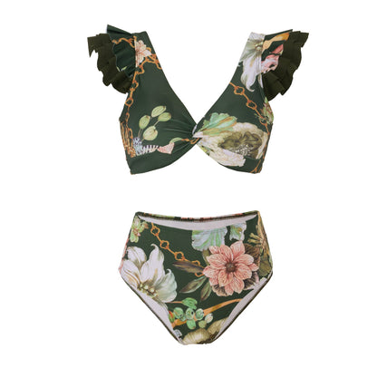 Retro High Waist Split Swimsuit Women Ruffled Bikini Swimsuit Chiffon Beach Skirt Set