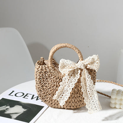 Crossbody Small Bag for Women Lace Bow Hand Woven Bag Shoulder Portable Crossbody Straw Woven Bag