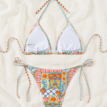 Bikini Triangle Cup Printed Lace up Sexy Bikini Swimsuit Swimwear Women