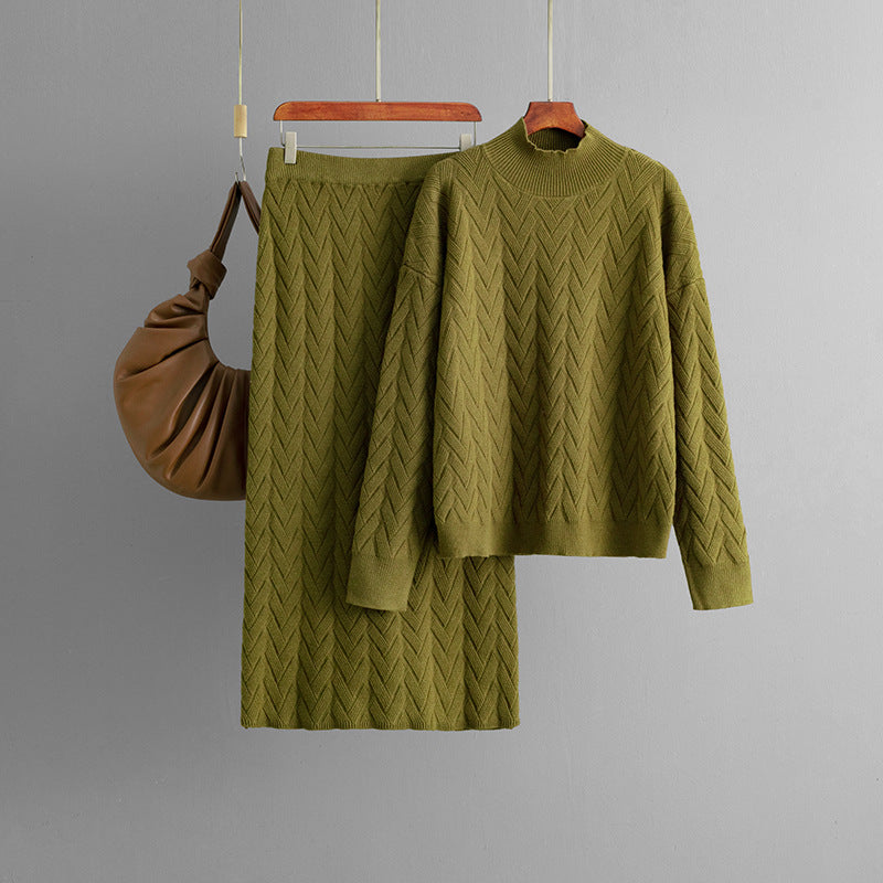 Autumn Winter Jacquard Half High Collar Long Sleeves Knitwear Pullover Top Skirt Two Piece Set