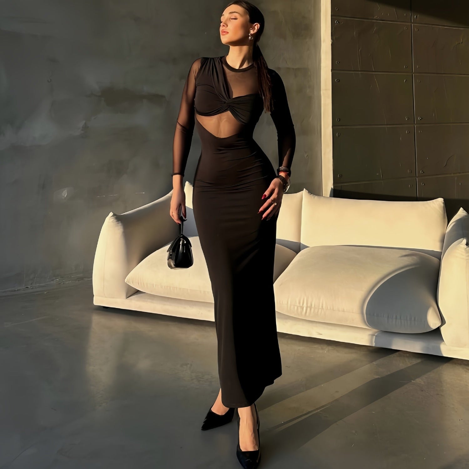 Autumn Winter Personalized Sexy Slim Long Sleeve Hollow Out Cutout Dress Women Clothing