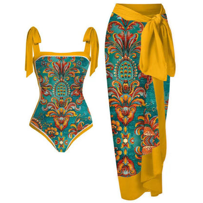 Two Piece Swimsuit Vintage Print Flab Hiding Slimming Sun Protective Beach Dress Swimsuit