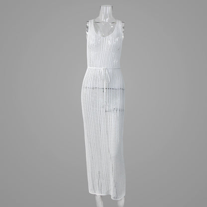 Vacation Beach Sexy Smock Dress Hollow Out Cutout Out See Through Backless Knitted Dress Women