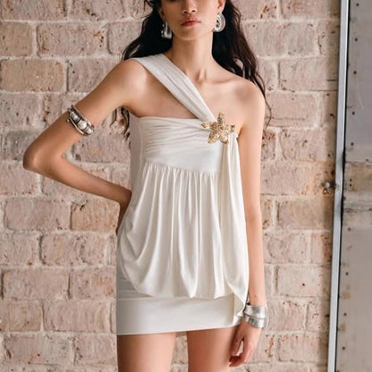Women Clothing Summer Sexy Solid Color Oblique Shoulder Floral Chest Cover Hip Dress