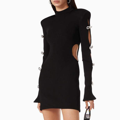 Summer Black Long Sleeve Bowknot Hollow Out Cutout Dark Pattern Cropped Outfit Mini Hip Sexy Women Clothing Dress