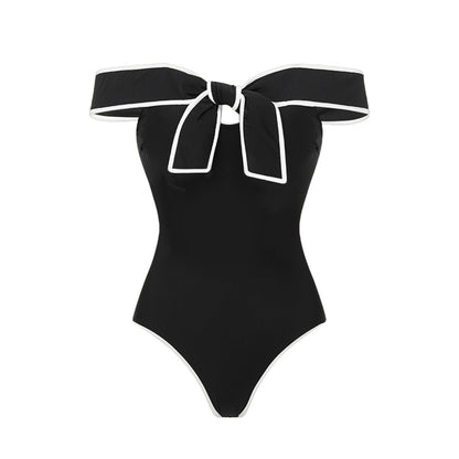 Swimsuit Black White Color Matching Sweet Girl Bow Swimsuit Women White Skirt