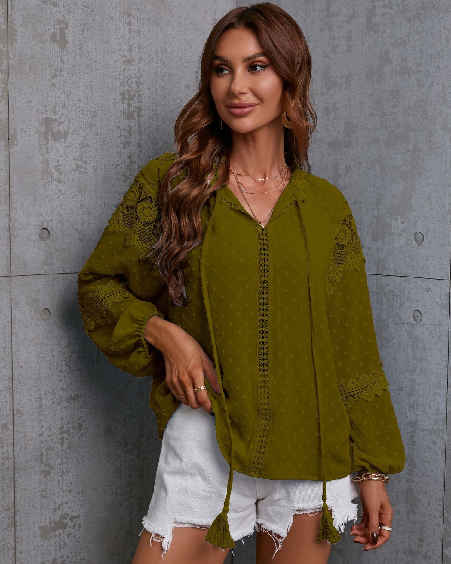 Fall Half-Open Collar Lantern Sleeve Polka Dot Chiffon Stitching Lace Shirt Loose Casual Women Clothing