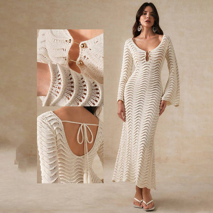 Beach Dress Women Solid Color Sexy Knitted Beach Bikini Swimsuit Blouse Sun Protective Clothing